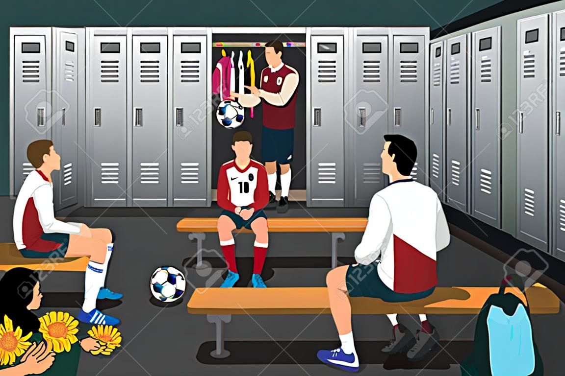Ein Vektor-Illustration Fußball-Trainer im Gespräch mit dem Spieler im Umkleideraum