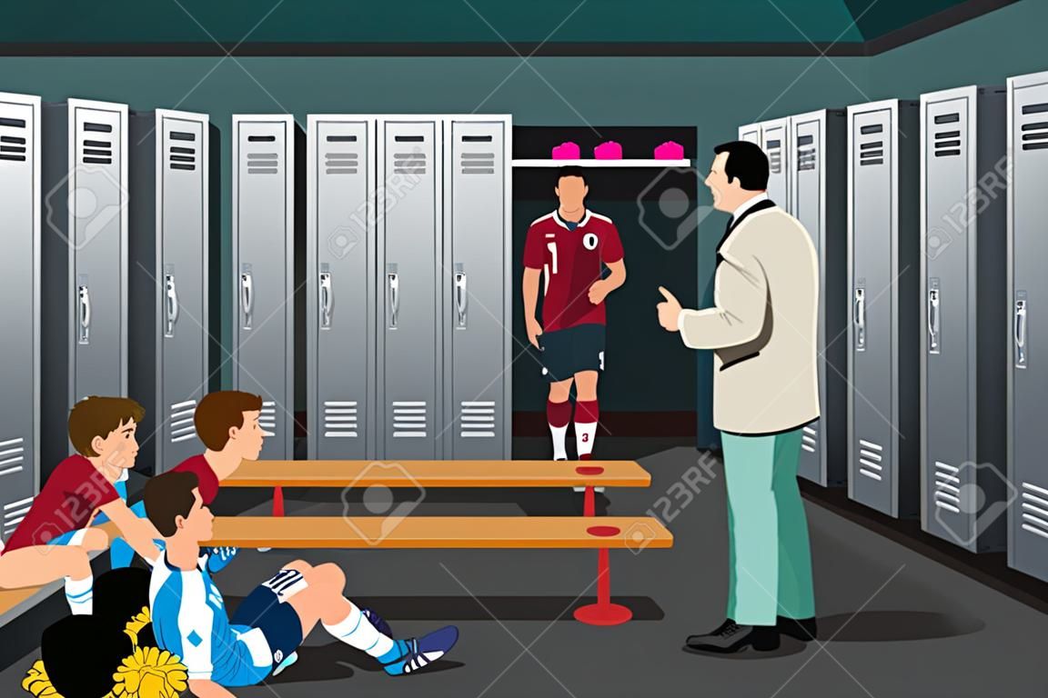 足球教练与更衣室球员谈话的矢量图