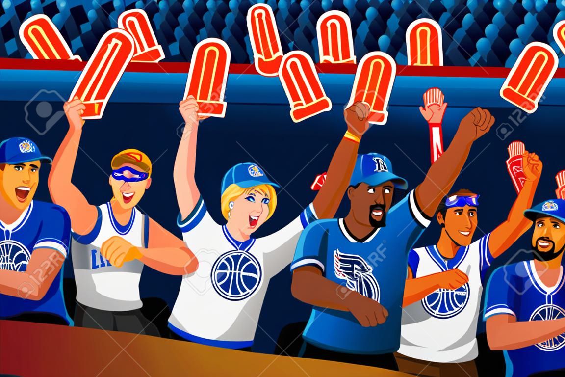 Una ilustración vectorial de los aficionados al baloncesto animando dentro del estadio