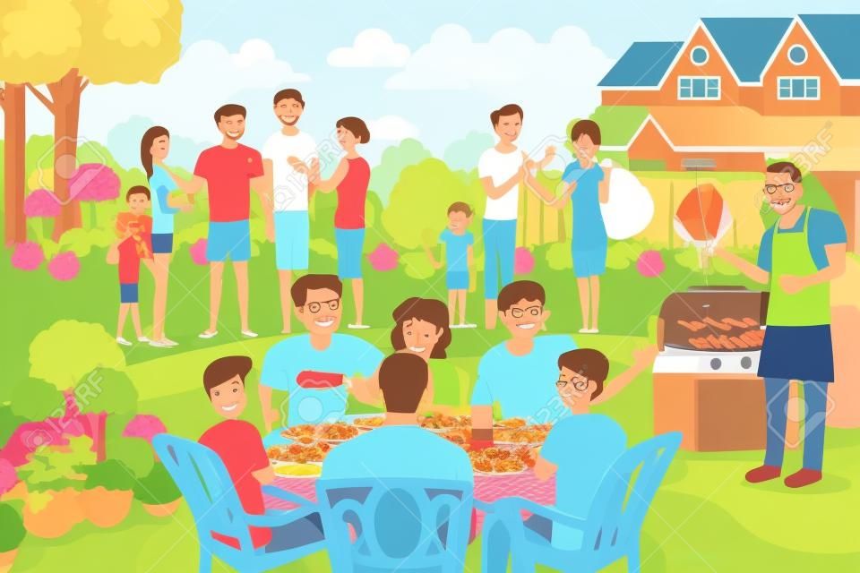 朋友和家人在夏天一起举行烧烤聚会的矢量图