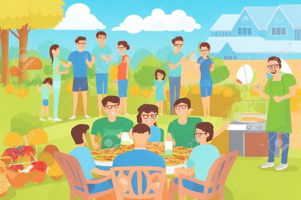Векторная иллюстрация друзей и семьи собираются вместе, устраивая барбекю летом