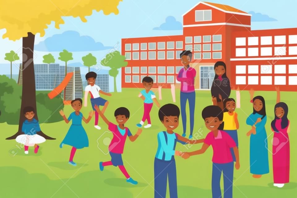 Uma ilustração vetorial de estudantes multiétnicos e diversos que jogam na escola