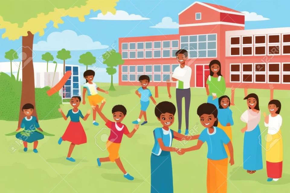Uma ilustração vetorial de estudantes multiétnicos e diversos que jogam na escola