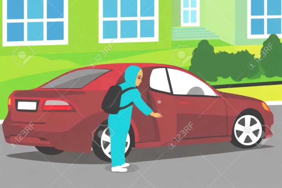 A vector illustration of Muslim Girl Entering a Car