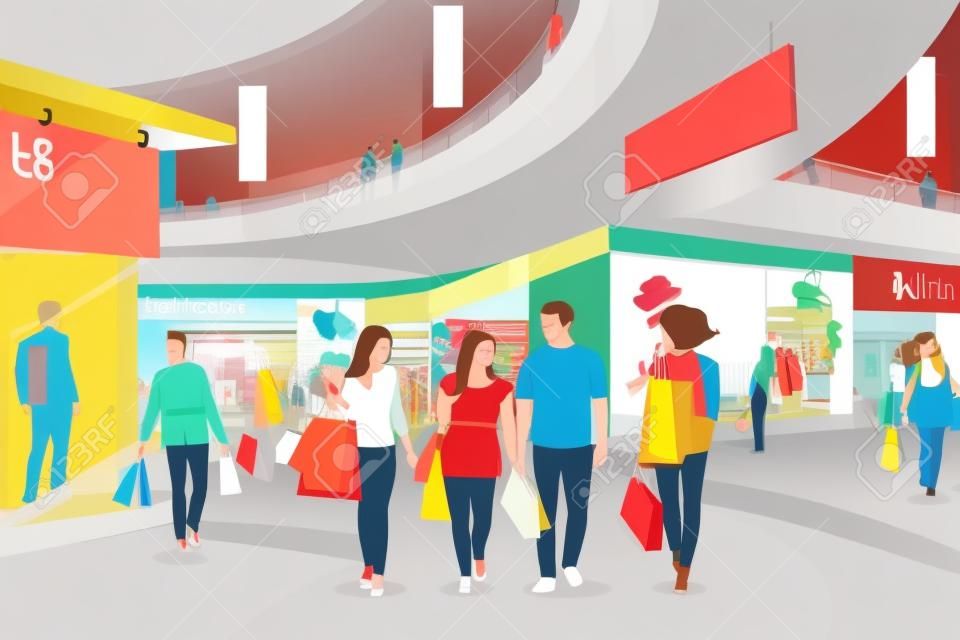 Een vector illustratie van mensen die winkelen in een winkelcentrum
