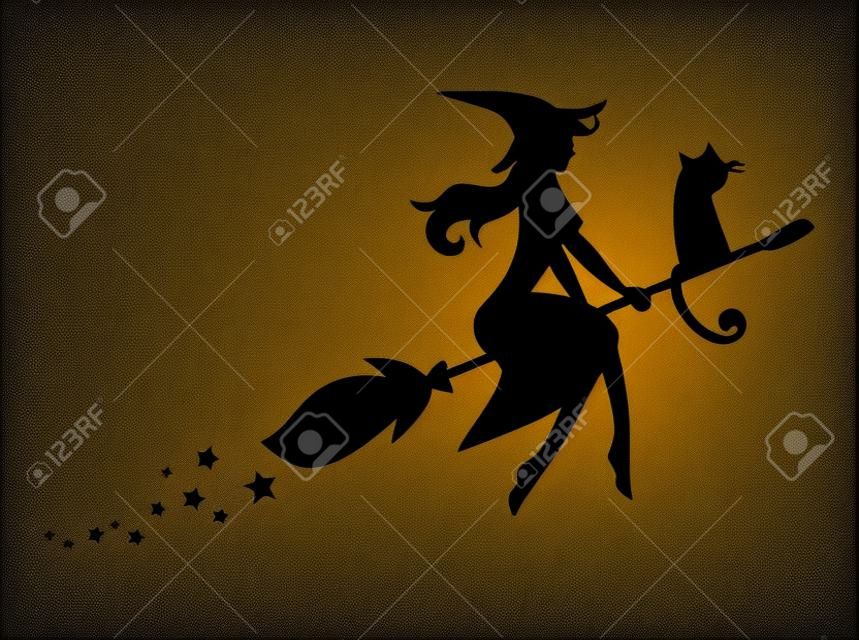 Schwarze Silhouette einer Hexe fliegen auf einem Besen. Silhouette für das Halloween. Mystische Darstellung.