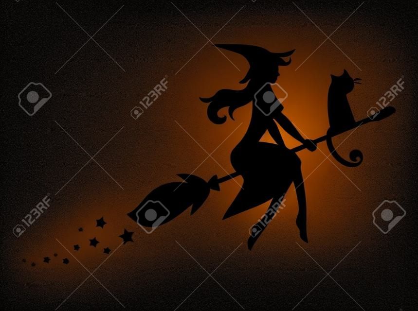 Черный силуэт ведьмы летать на метле. Силуэт для Хэллоуина. Мистическая иллюстрация.