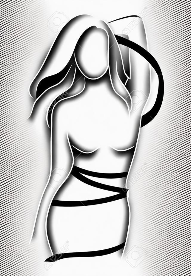 Kobieca postać. zarys młodej dziewczyny. stylizowane smukłe ciało. sztuka liniowa. czarno-biały ilustracja wektorowa. kontur smukłej sylwetki.