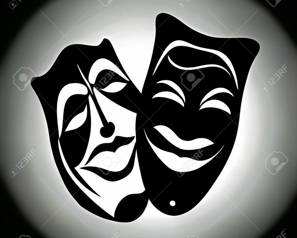Maschere Teatrali. Dramma e commedia. Illustrazione per il teatro. Maschera di tragedia e commedia. Illustrazione in bianco e nero. Tatuaggio.