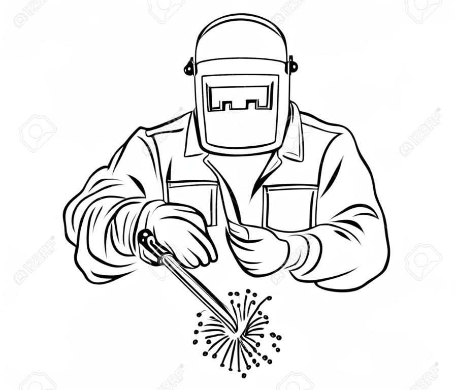 Welder welds metal. Black and white illustration of a welder in work clothes. Linear art.