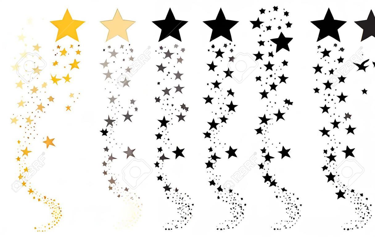 Conjunto de estrelas cadentes. Coleção de silhueta de estrelas. Ilustração vetorial de uma estrela voadora. Desenho preto e branco. Tatuagem.