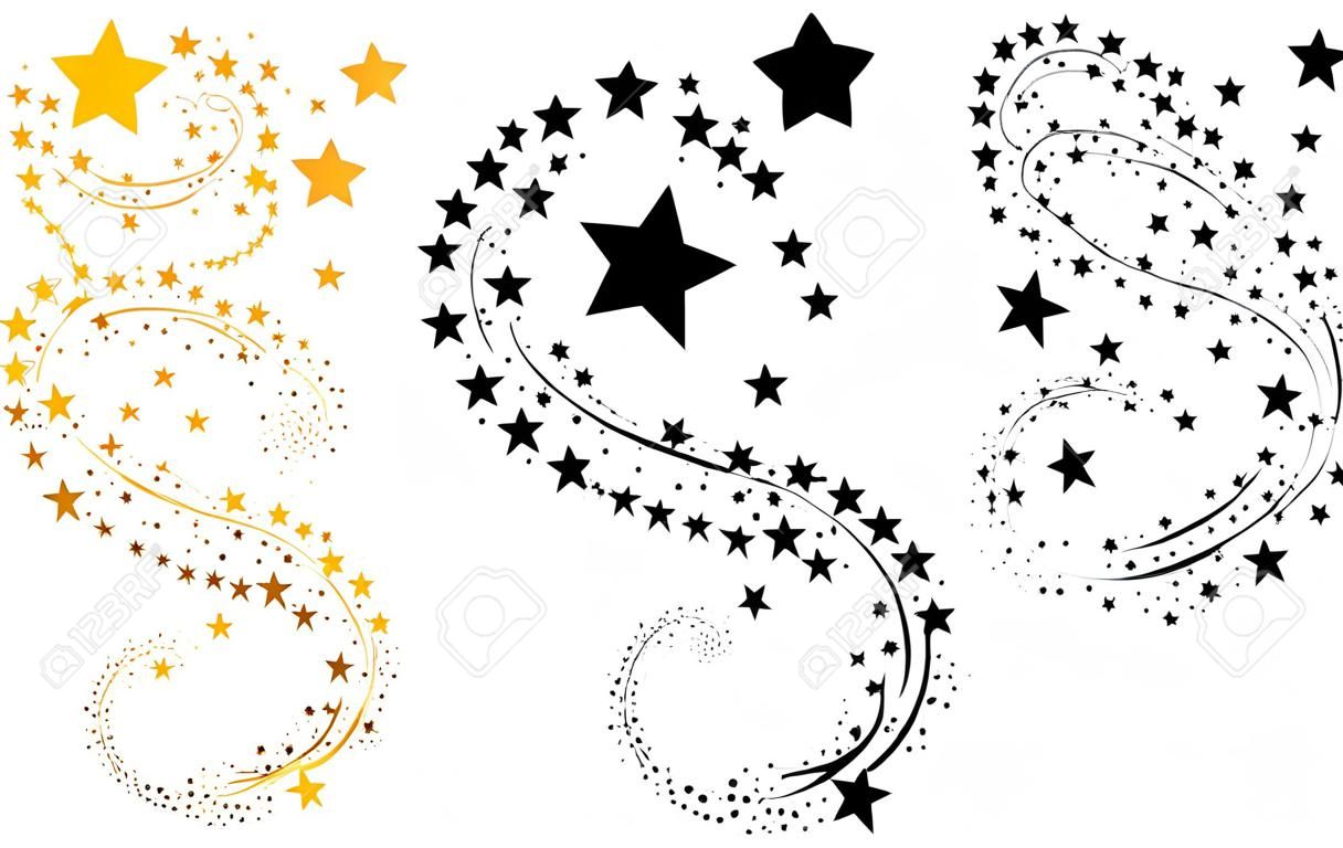 Set van vallende sterren. Verzameling van sterren silhouet. Vector illustratie van een vliegende ster. Zwart-wit tekening. Tattoo.