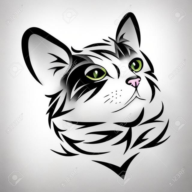 Ritratto di un gatto. Un micio carino. Illustrazione in bianco e nero di un gatto. Animale domestico stilizzato. Tatuaggio testa di gatto.