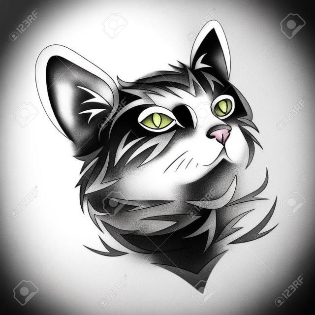 Portrait of a cat. Cute kitten. Black white illustration of a cat. Stylized pet. Cat head tattoo.