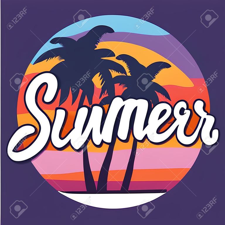 Beach with palm trees for a print on a tee. Vector illustration of a beach with the inscription Summer. Lettering and calligraphy for poster, background, postcard, banner.