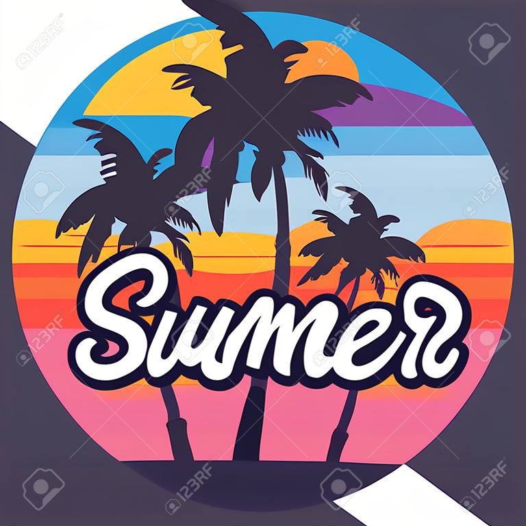 Beach with palm trees for a print on a tee. Vector illustration of a beach with the inscription Summer. Lettering and calligraphy for poster, background, postcard, banner.
