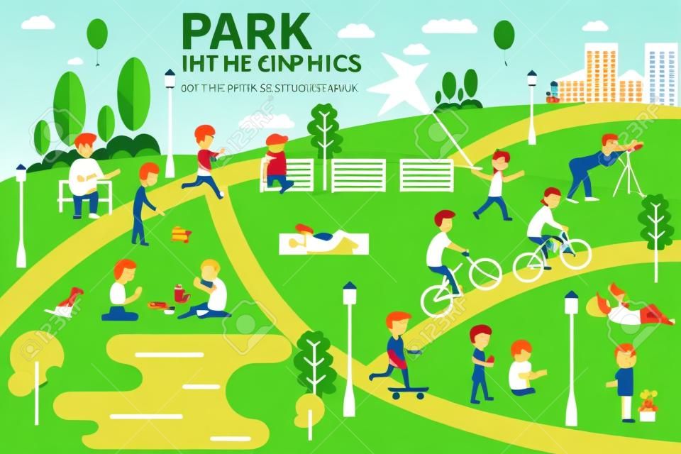 Rest in the park infographics elements, people having activities in the park, vector illustration.