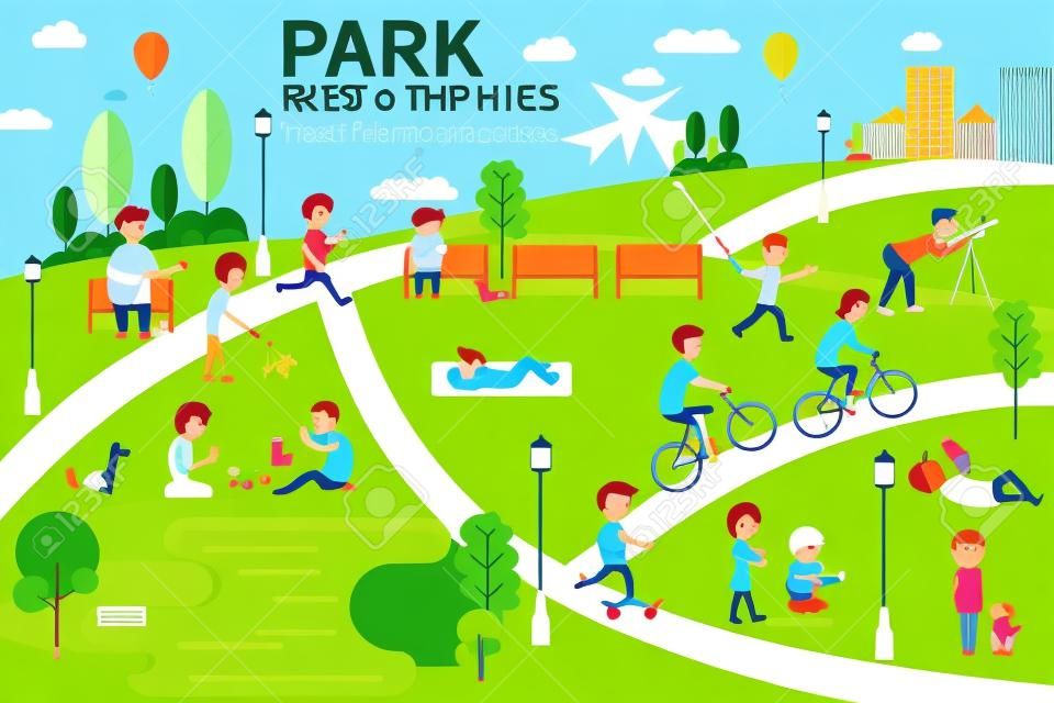 Park Infographics elemanları istirahat, insanlar parkı, vektör resimde aktivitelere sahiptir.