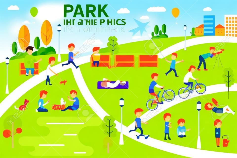 El descanso en los elementos del parque de infografía, las personas que tienen actividades en el parque, ilustración vectorial.