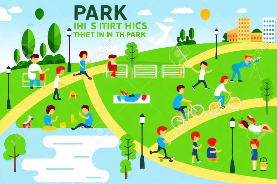 Reste dans les éléments le foot du parc, les gens ayant des activités dans le parc, illustration vectorielle.