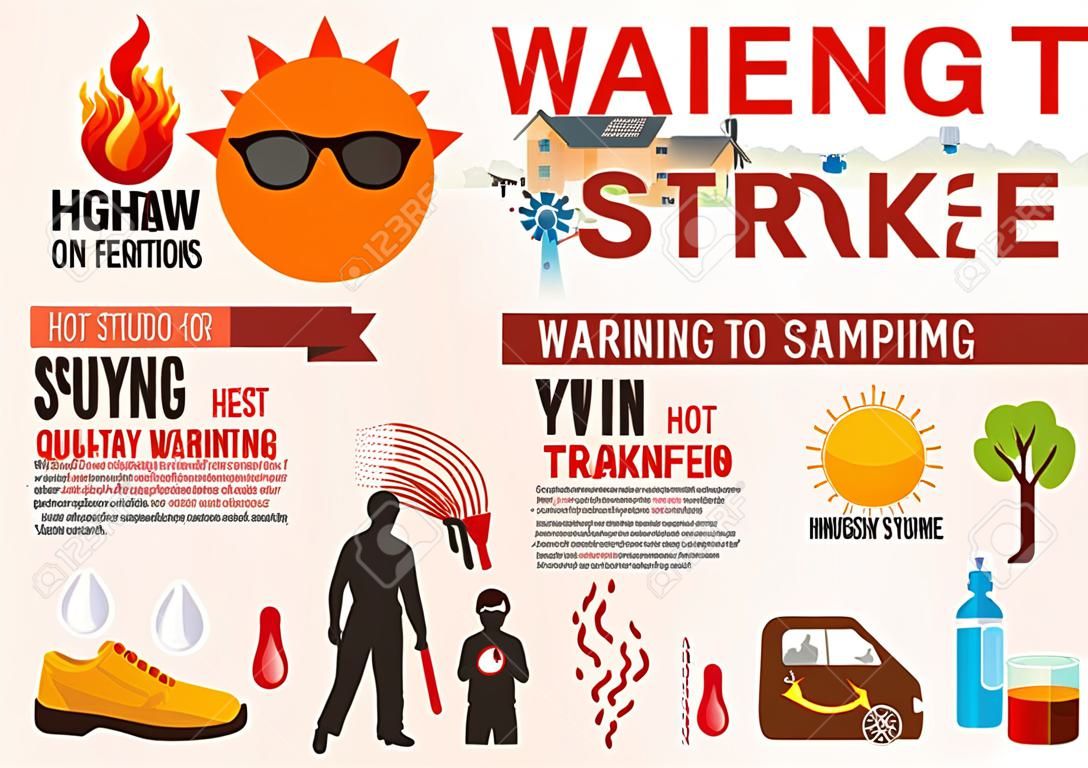 Heat stroke warning infographics. detail of hot weather to heat stroke disease with prevention and symptoms. health or health and medical vector illustration.