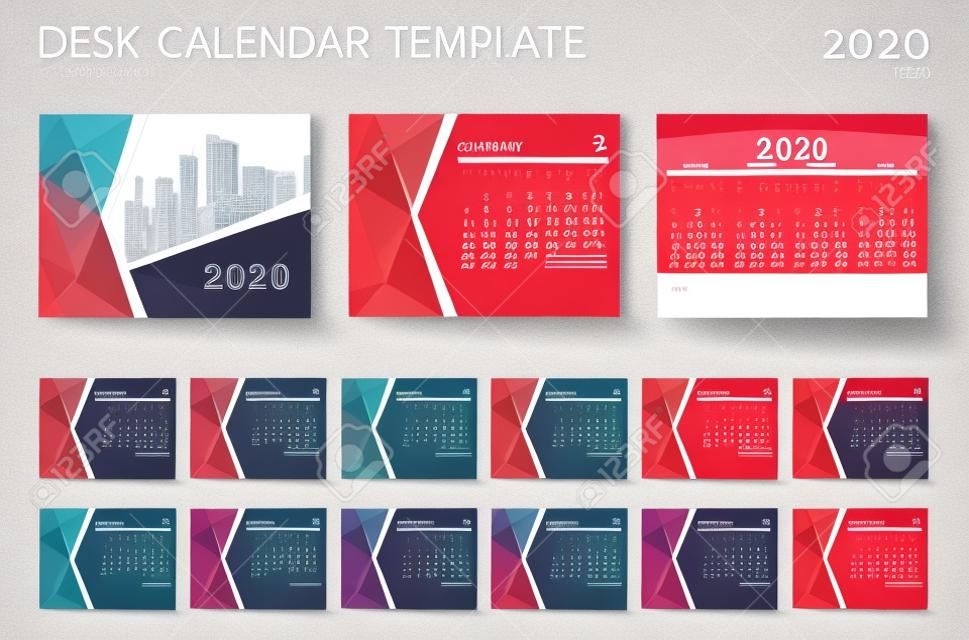 Plantilla de calendario de escritorio 2020. Diseño de calendario 2021, conjunto de 12 meses, planificador, la semana comienza el domingo, diseño de papelería, publicidad, diseño de portada Polygon Red, folleto de negocios, vector