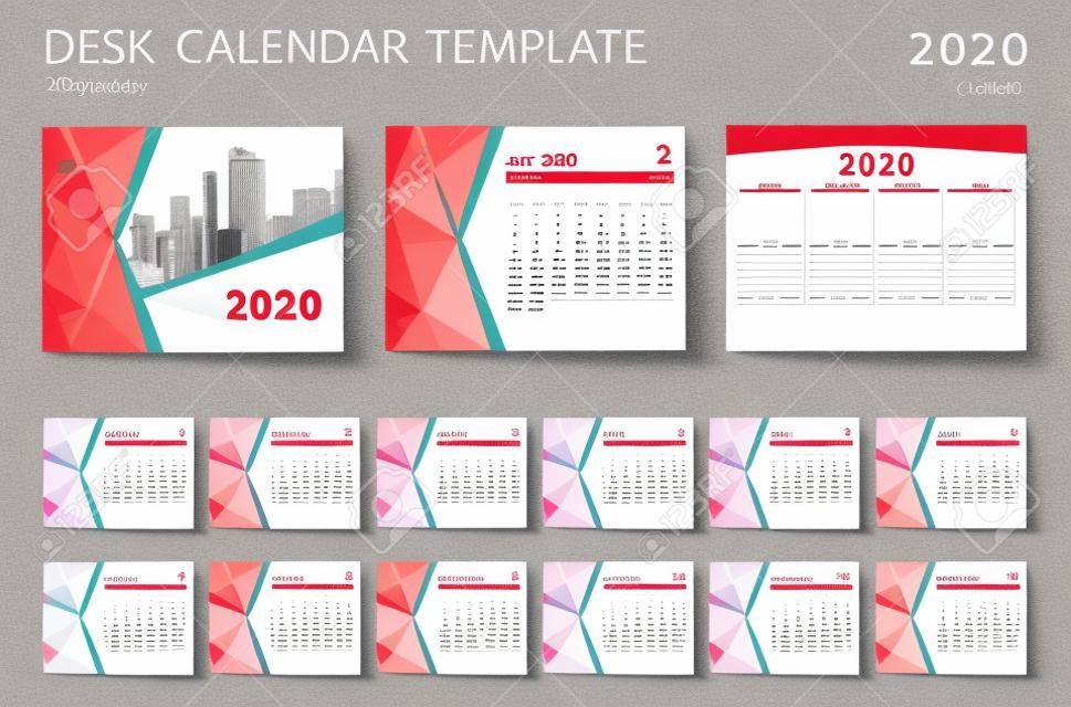Szablon kalendarza na biurko 2020. Układ kalendarza 2021, zestaw 12 miesięcy, terminarz, tydzień rozpoczyna się w niedzielę, projektowanie papeterii, reklama, projekt okładki wielokąta czerwona, ulotka broszury biznesowej, wektor