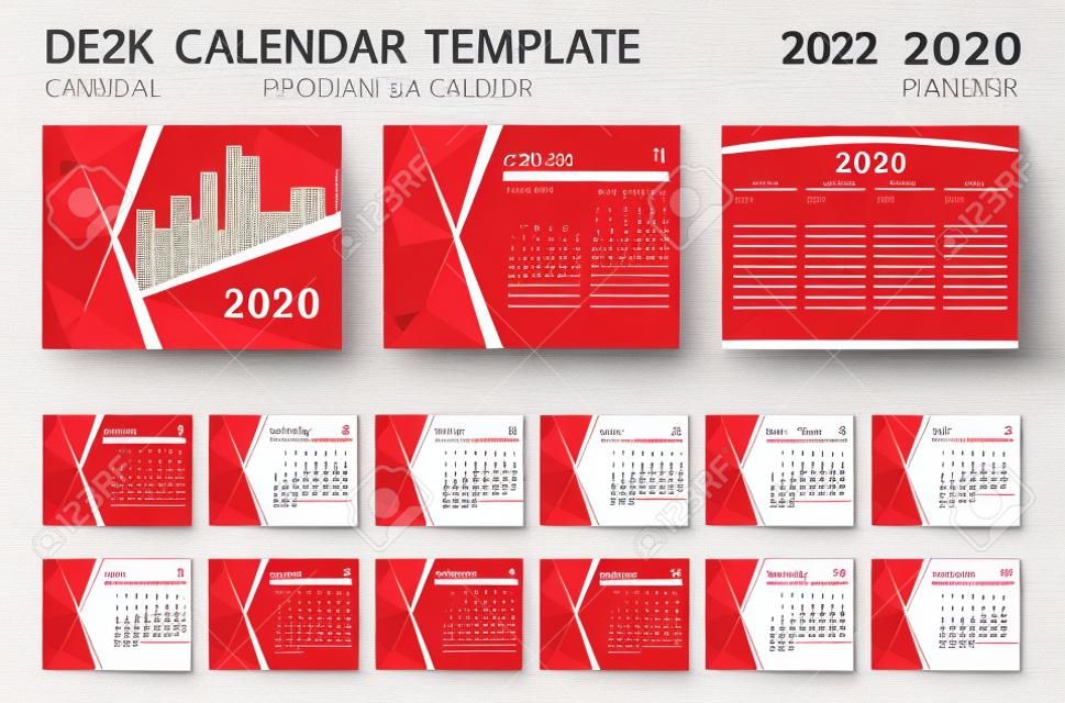 데스크 캘린더 2020 템플릿입니다. 달력 2021 레이아웃, 12개월 세트, 플래너, 주 일요일에 시작, 편지지 디자인, 광고, 다각형 빨간색 표지 디자인, 비즈니스 브로셔 전단지, 벡터
