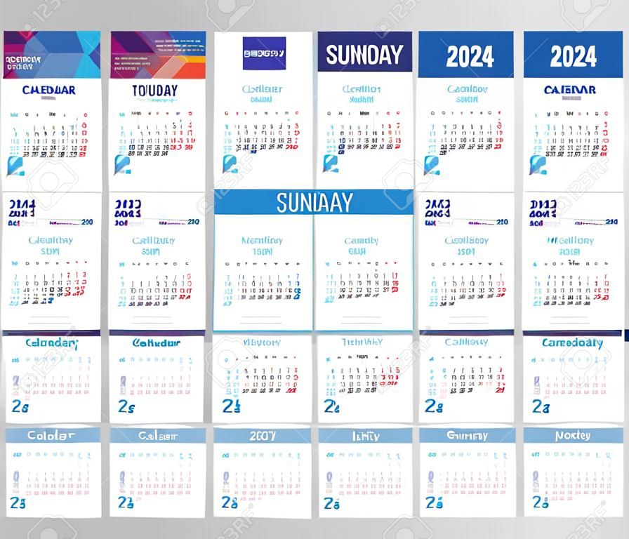 Szablon kalendarza 2024 i zestaw 12 miesięcy, ustaw projekt kalendarza biurkowego 2024, plakat projektu kalendarza 2025, początek tygodnia w niedzielę, prosty, planista, szablon kalendarza ściennego, nowoczesny szablon okładki, wektor