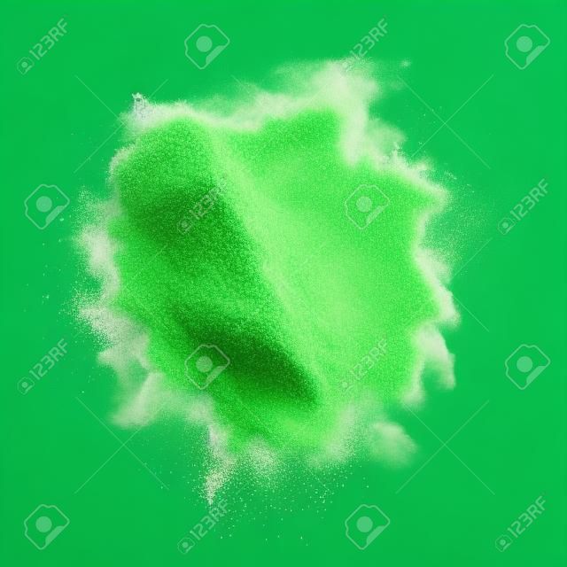 흰색 배경에 고립 된 녹색 분말 폭발