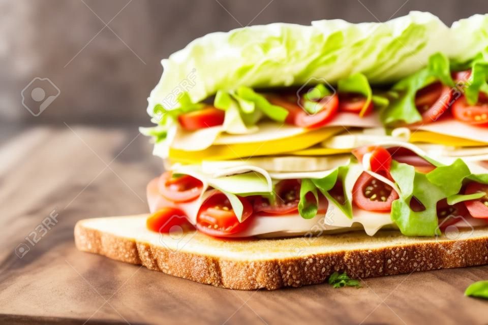 Sandwich sur la table en bois avec des tranches de tomates fraîches, jambon, fromage et la laitue