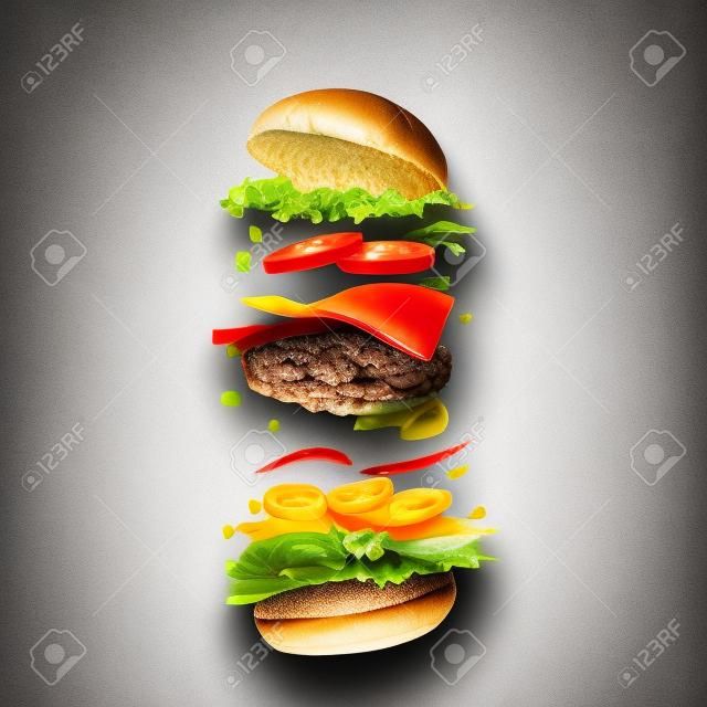 Burger ingredients against white background