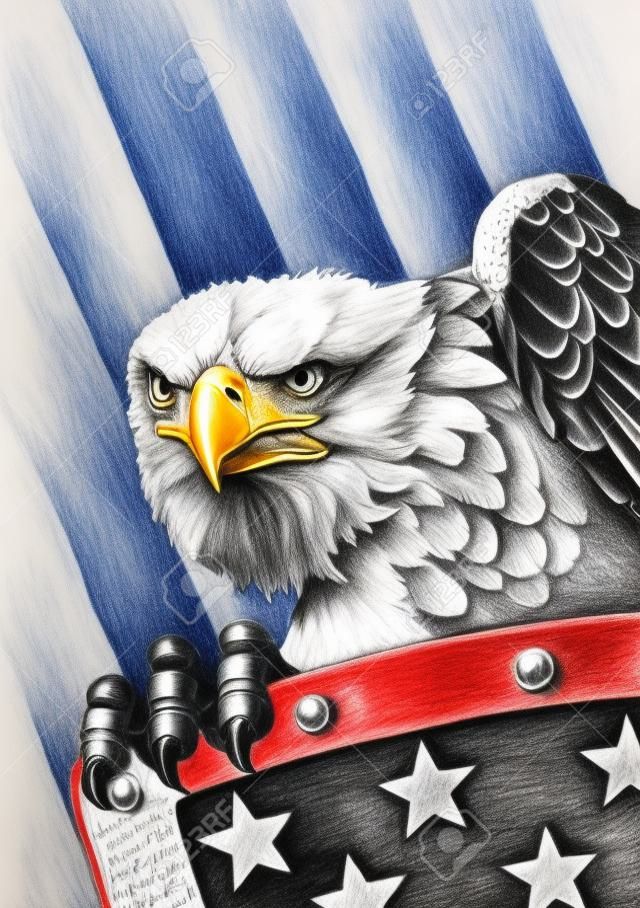 A pencil drawing of the American bald eagle with a shield on the flag of the United States of America in the background.
