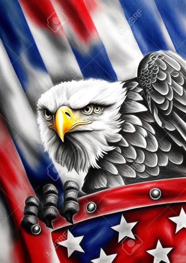 A pencil drawing of the American bald eagle with a shield on the flag of the United States of America in the background.