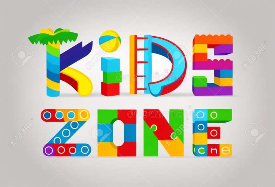 Design del logo Kids Zone. Parco giochi per bambini. Loghi colorati. Illustrazione vettoriale. Isolato su sfondo bianco.