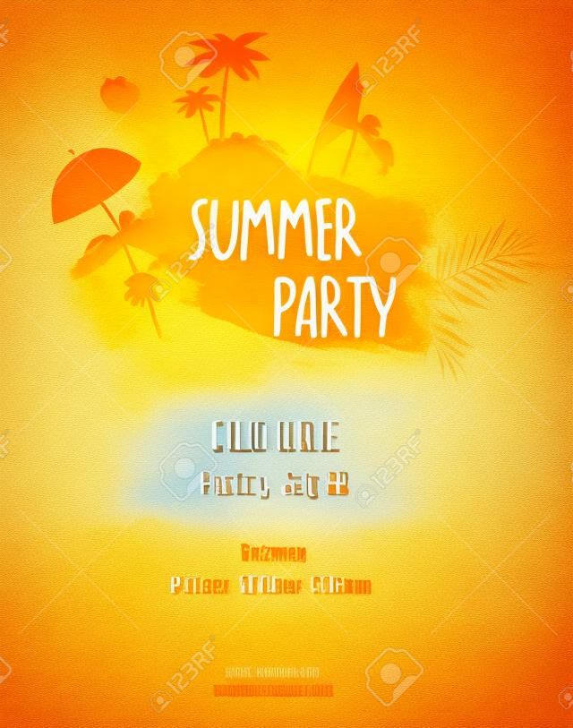 黨海報模板夏日派對。你好夏天書法消息。橙色與水彩畫的模仿設計。矢量插圖。