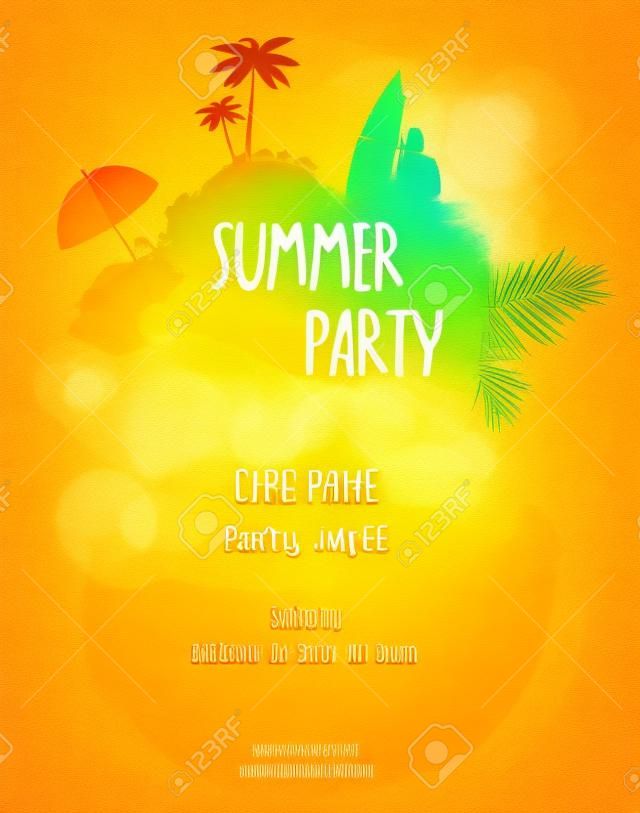 夏のパーティーのパーティー ポスター テンプレートです。こんにちは夏の書道メッセージ。オレンジ色の水彩画の模倣デザイン。ベクトルの図。