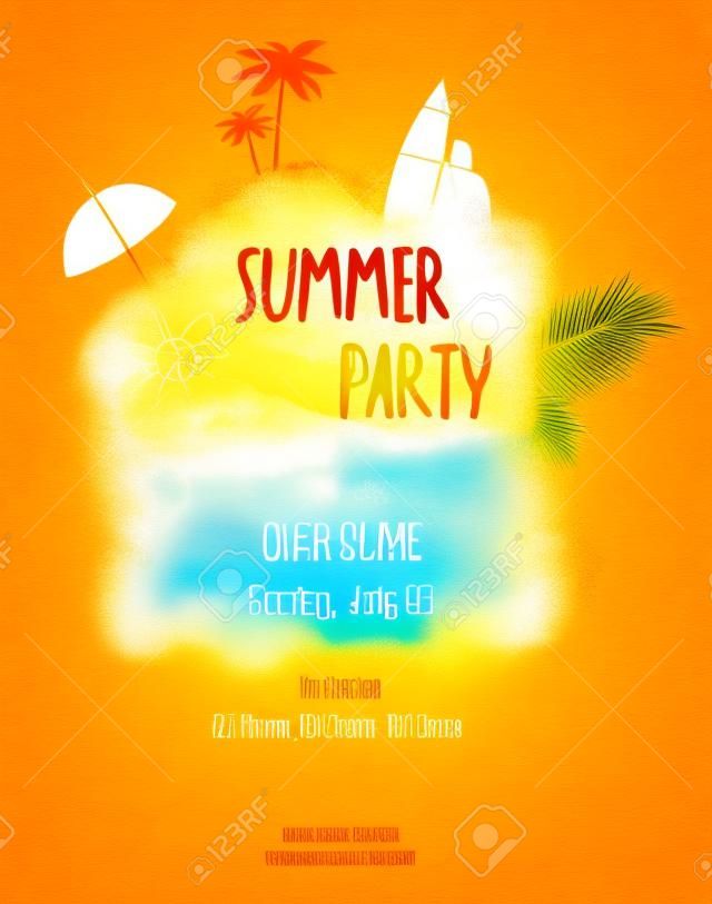 Modèle d'affiche de fête pour la fête d'été. Message calligraphique Hello Summer. Orange coloré avec un design imitation aquarelle. Illustration vectorielle.