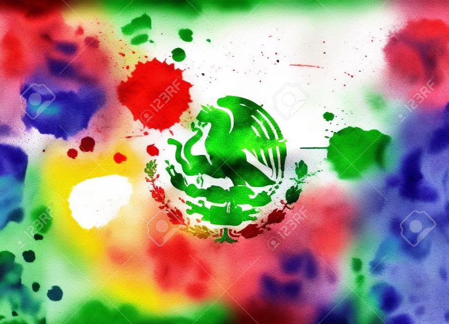 Bandeira pintada de aquarela grunge abstrata do México. Modelo para o fundo nacional do feriado.