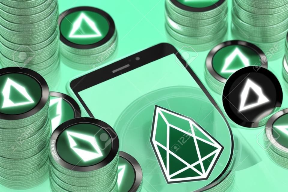 Smartphone with green EOS symbol on-screen among EOS coins.EOS concept coin & virtual wallet. 3D rendering