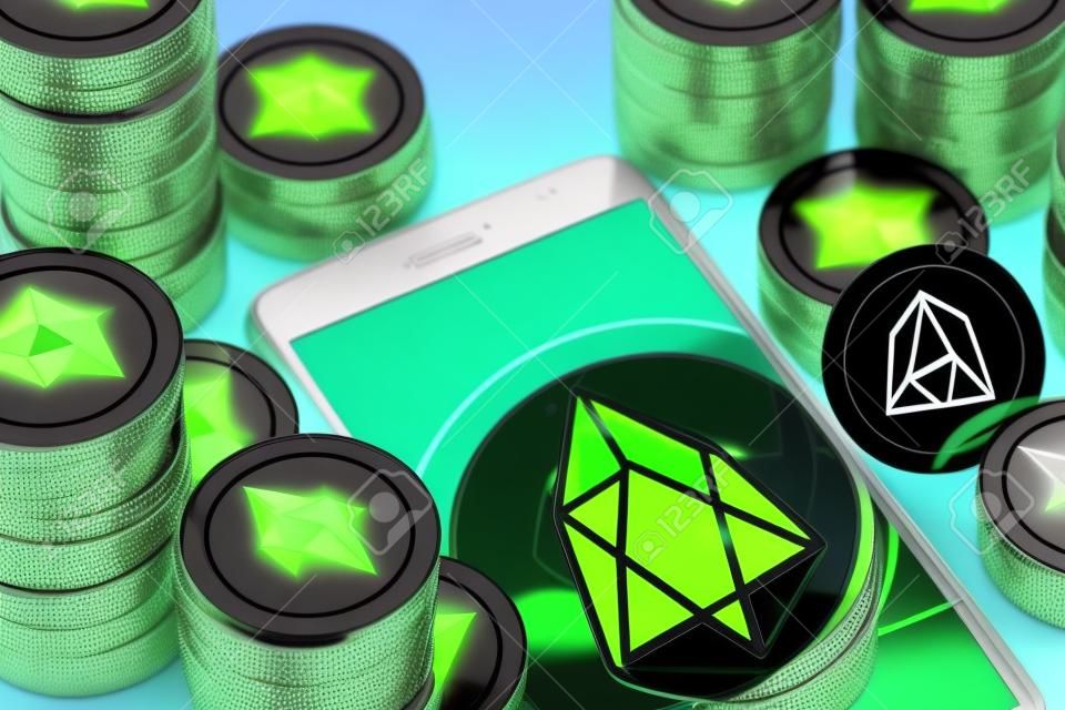 Smartphone with green EOS symbol on-screen among EOS coins.EOS concept coin & virtual wallet. 3D rendering