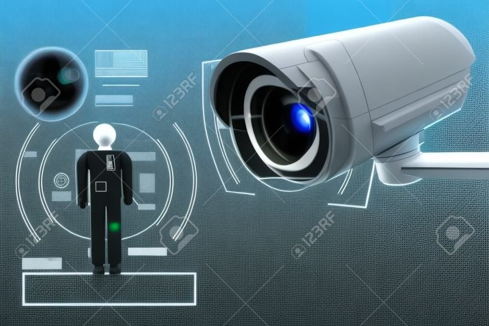 Une grande caméra de surveillance se concentre sur une icône humaine comme métaphore de la collecte de données sur la société par des systèmes de surveillance. rendu 3D