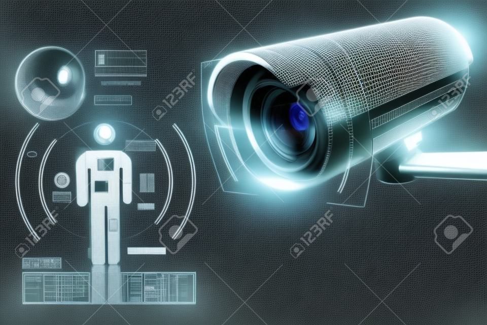 큰 감시 카메라는 감시 시스템에 의해 사회에 대한 데이터를 수집하는 은유로 인간 아이콘에 초점을 맞추고 있습니다. 3D 렌더링