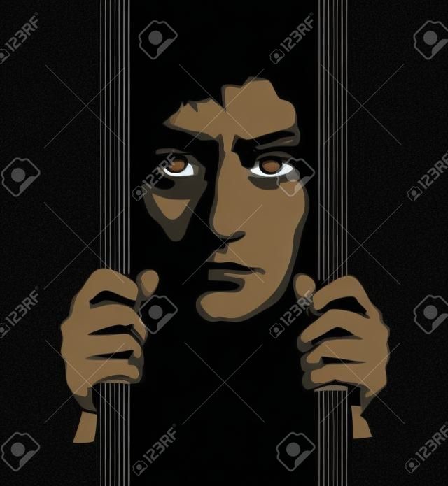 Closeup view adult crazy danger lone culpable sad burglar murder face. Alone despair bad young male offend iron confine inmate help up system icon sign vintage art graphic draw vector dark black space