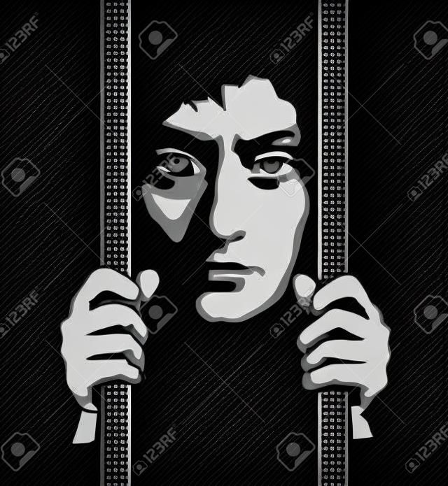 Closeup view adult crazy danger lone culpable sad burglar murder face. Alone despair bad young male offend iron confine inmate help up system icon sign vintage art graphic draw vector dark black space
