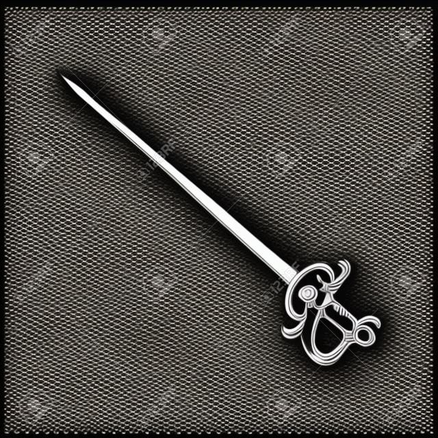 Classic steel hilt handle of aged long foil cutlass skewer tool on white background. Freehand line black ink hand drawn war metal knife emblem in art doodle style pen on paper with space for text.