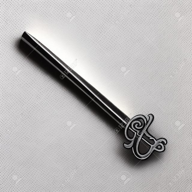 Classic steel hilt handle of aged long foil cutlass skewer tool on white background. Freehand line black ink hand drawn war metal knife emblem in art doodle style pen on paper with space for text.