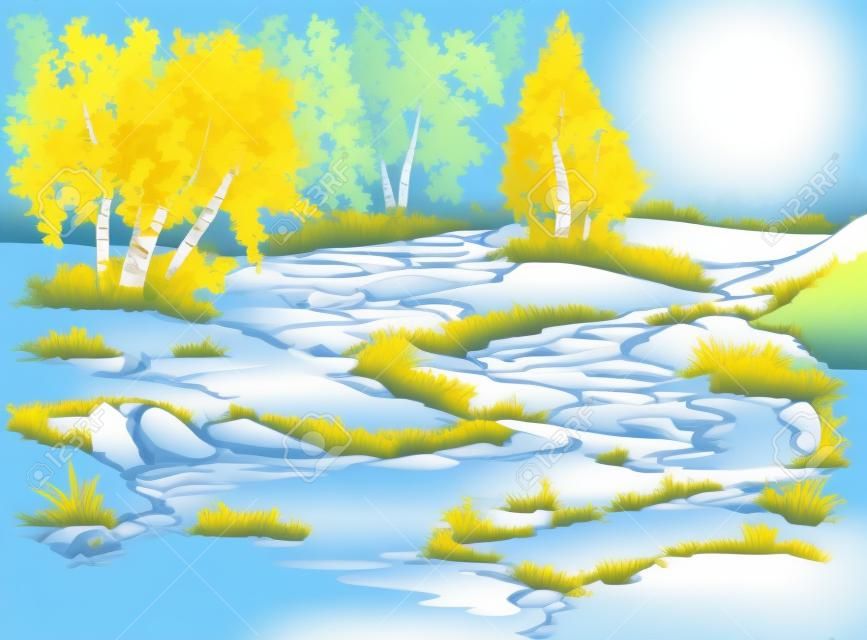 ベクトルの風景。小川の上の小道の近くの白樺の木