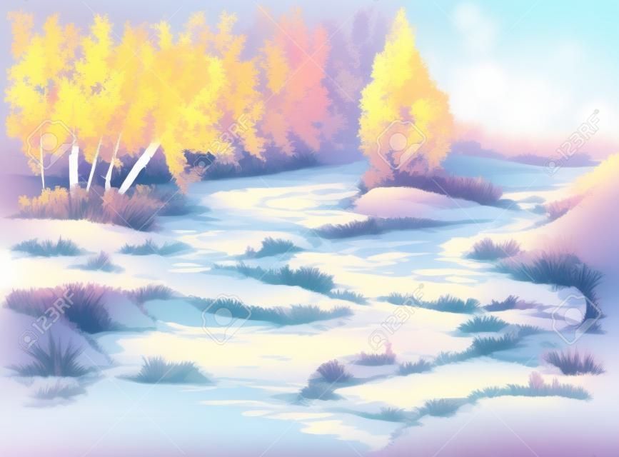 ベクトルの風景。小川の上の小道の近くの白樺の木