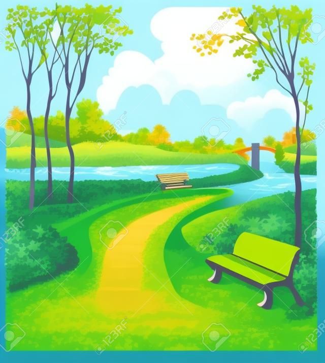 Vector landscape. The path to the bridge over the river with benches for peaceful park trees